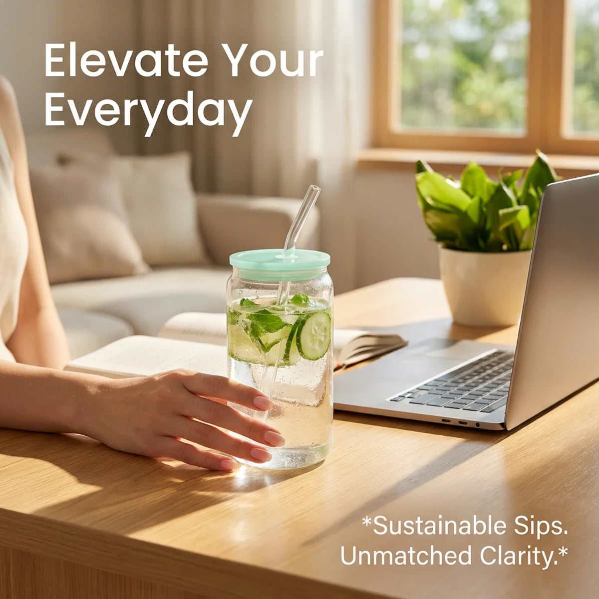 Reusable 16oz Borosilicate Glass Tumbler Acrylic Lid Glass Straw Leak Proof Dishwasher Microwave Safe Minimalist Design Unisex